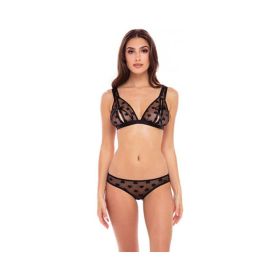 Rene Rofe Naughty Knickers Heart Mesh Peek A Boo Bra & Panties Black M/l