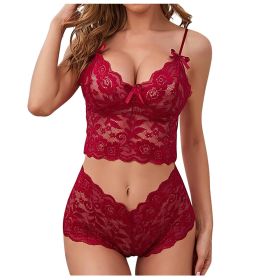 Sexy Women Lingerie Set Thin Lace Flower Printed Underwear Suit Female Adjustable Shoulder Strap Triangle Cup Bralettle (Color: red set, Cup Size: M)